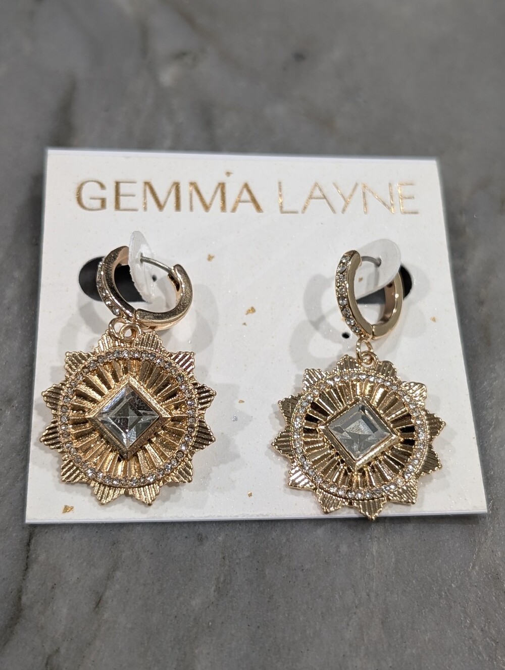 NWT Gemma Layne Gold Sunburst Drop Earrings with Clear Crystal